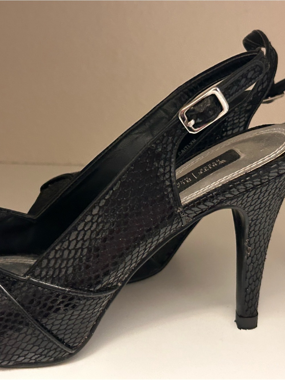 White House Black Market Black Snake-Embossed Slingback Stiletto Heels
